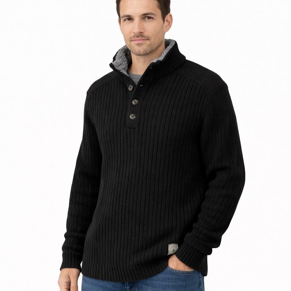 G.H. Bass Sherpa Lined Ribbed Henley Sweater Mens XL Black NWT
